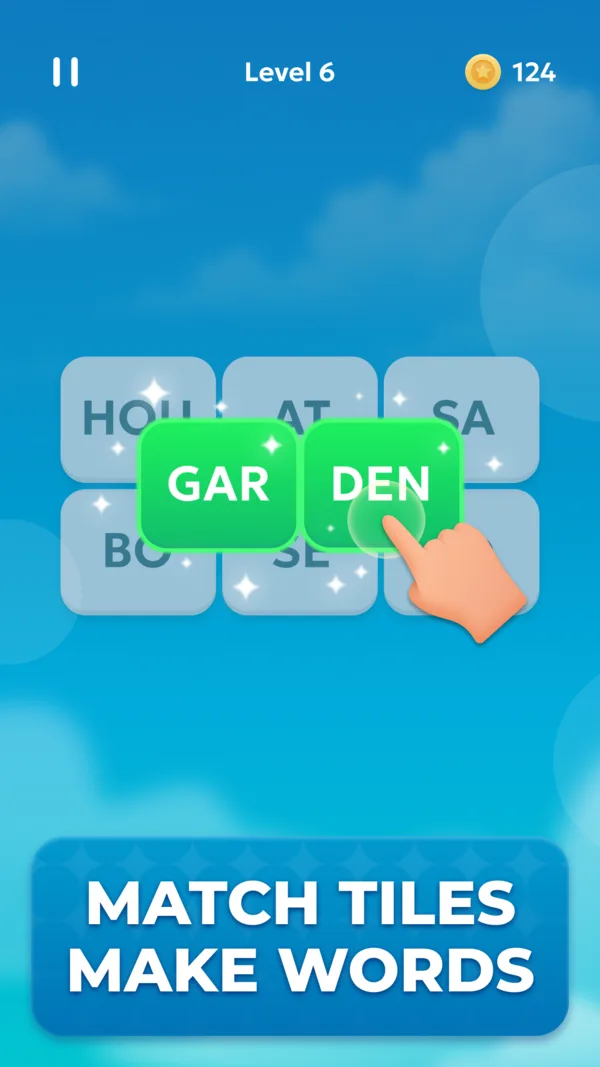 Word Mahjong: match GAR and DEN to make GARDEN