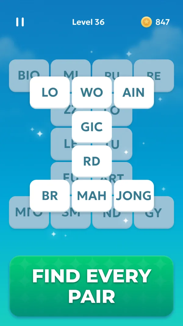Word Mahjong: layered board of word-part tiles